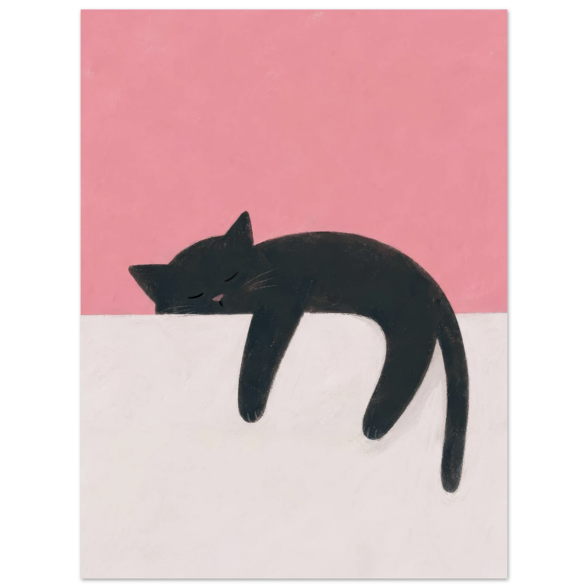 Schlafende schwarze Katze mit Pfoten und Schwanz über einem cremefarbenen Rand vor korallrosa Hintergrund