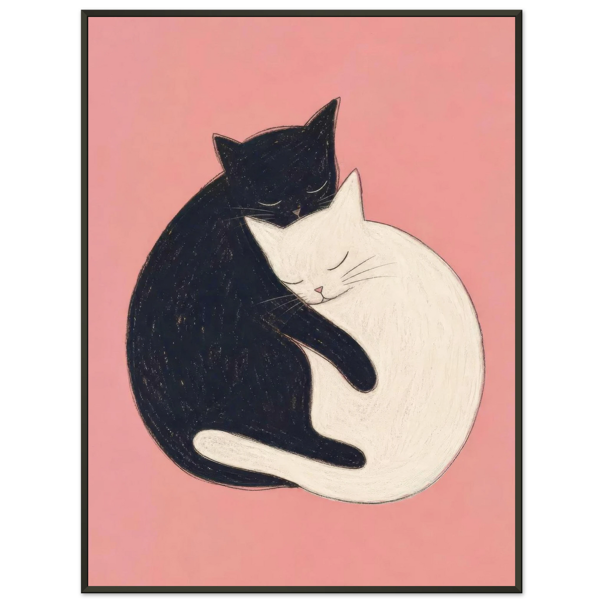 Black and white cats curled together in an embrace against a pink background — Yin & Yang by Sasha Liley