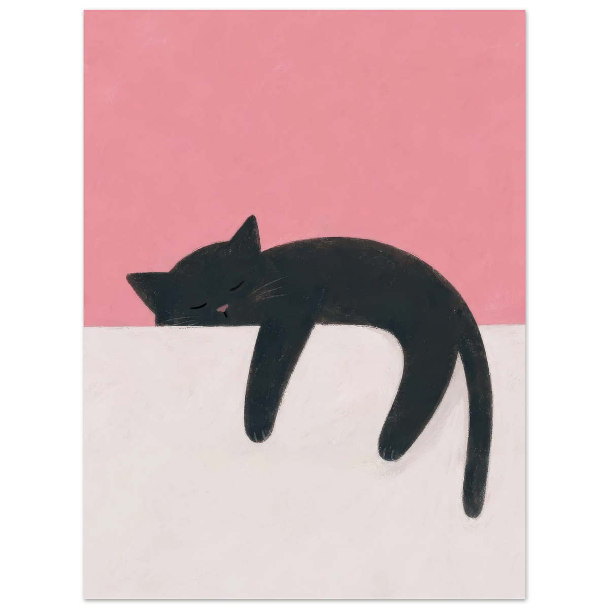 Schlafende schwarze Katze mit Pfoten und Schwanz über einem cremefarbenen Rand vor korallrosa Hintergrund