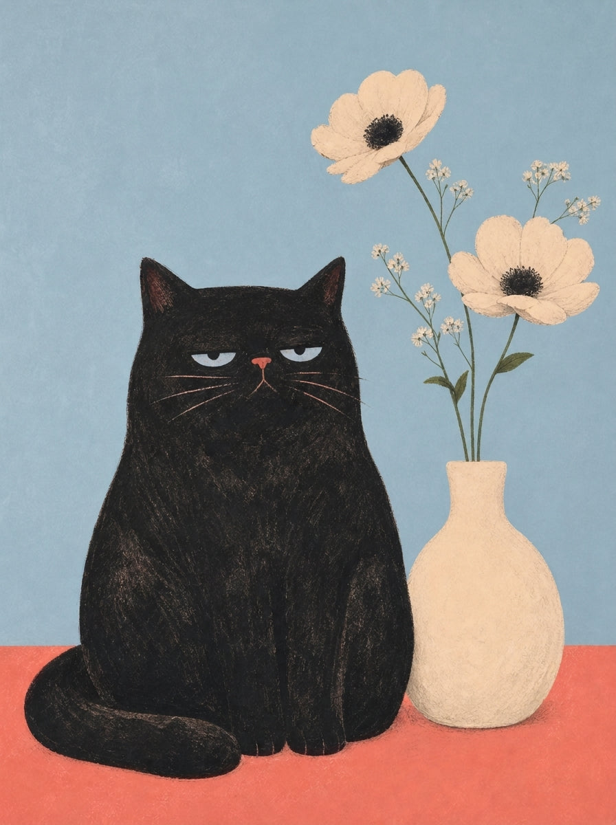 Sort kat ved siden af en vase med blomster i Blomsterne af Sasha Liley