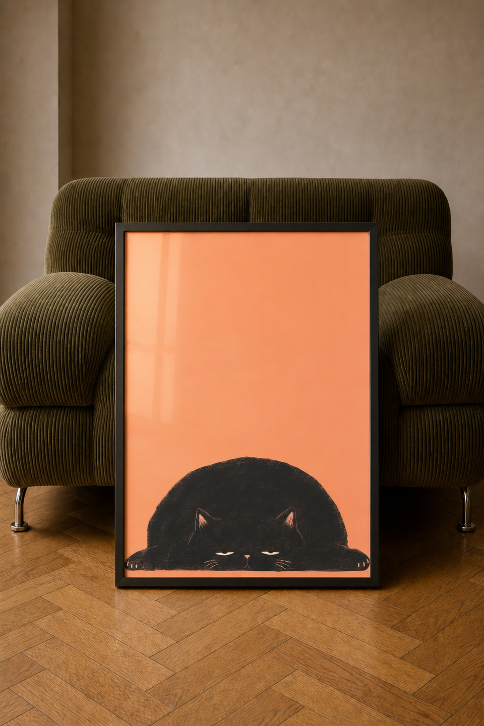 Framed No Plans art print leaning against an olive-green corduroy armchair on a wooden floor