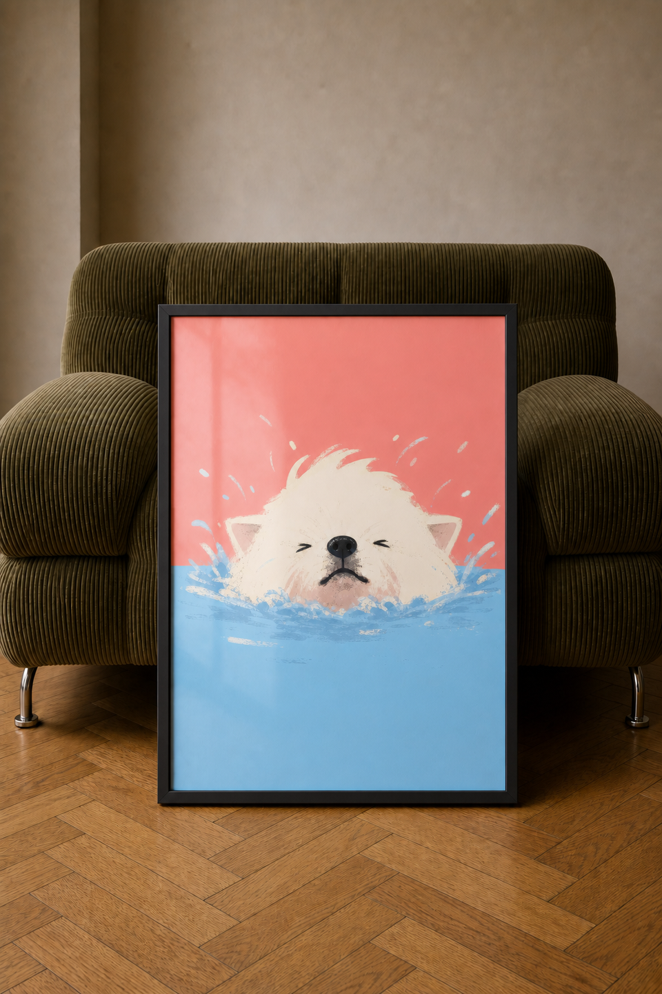 Framed The Deep End art print leaning against an olive-green corduroy armchair on a wooden floor