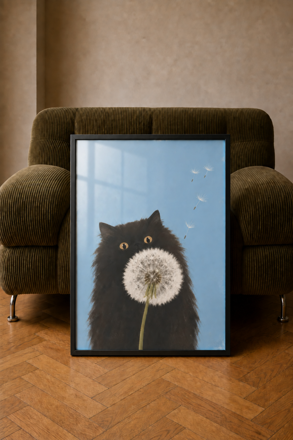 Framed Make a Wish art print displayed in front of an olive-green corduroy sofa on a wooden floor