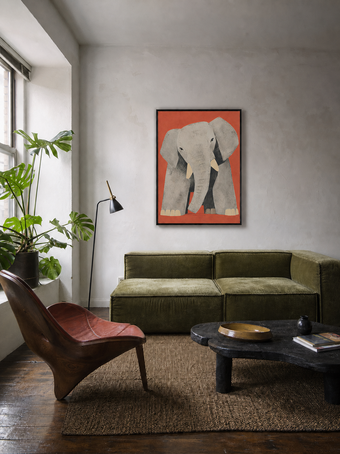 Éléphant — tirage d’art encadré présenté dans un salon