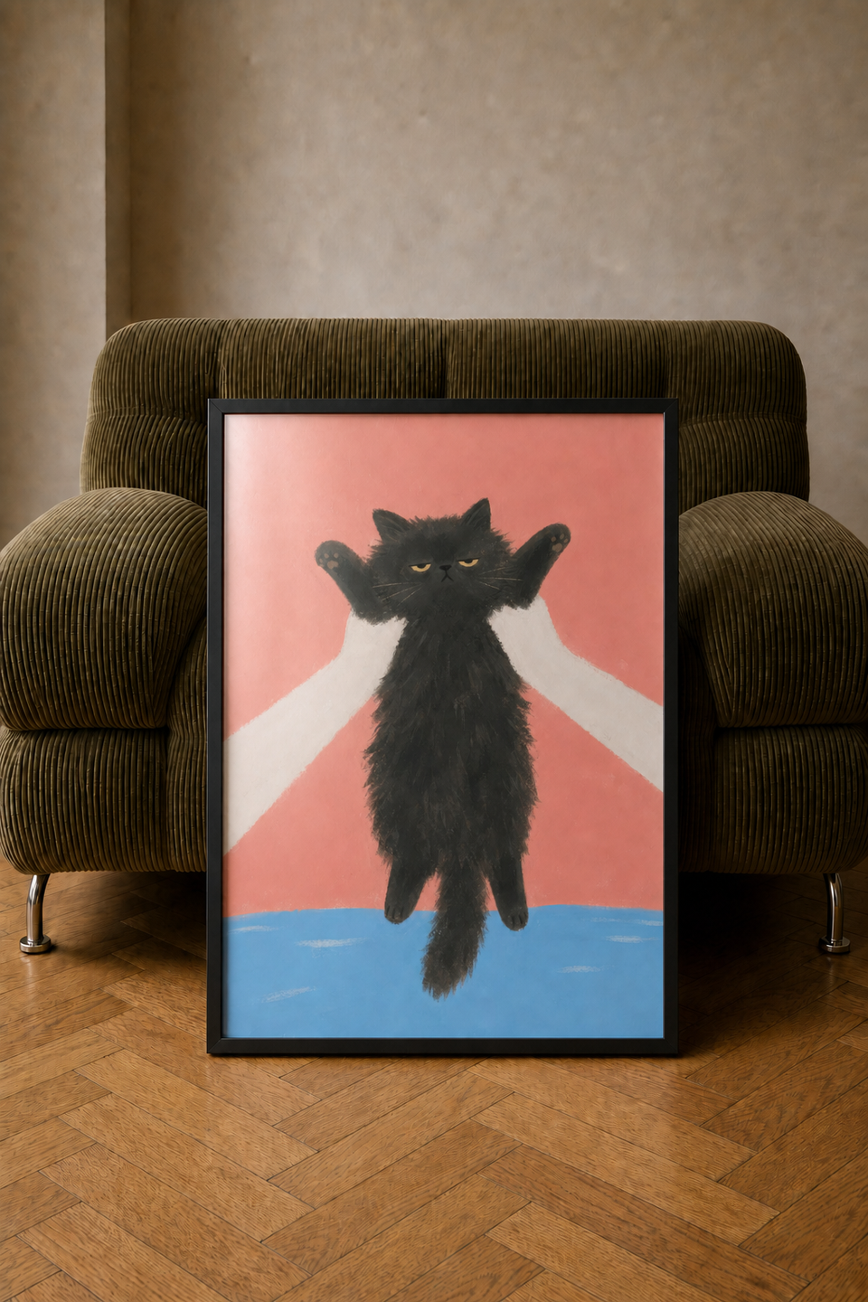 Framed Absolutely Not art print leaning against an olive-green corduroy armchair on a wooden floor