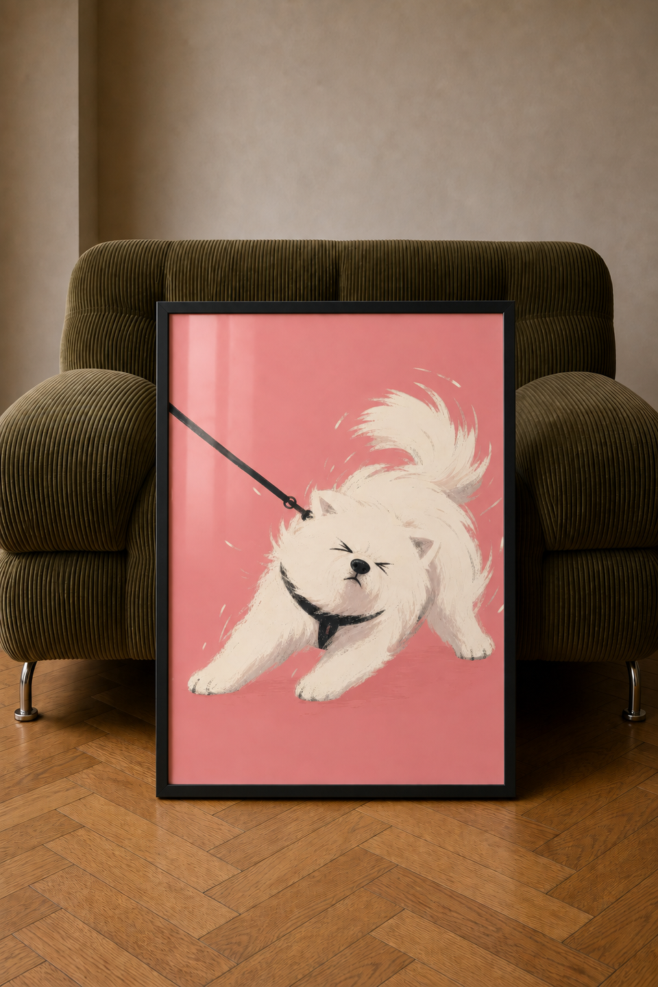 Framed Not Going art print leaning against an olive-green corduroy armchair on a wooden floor