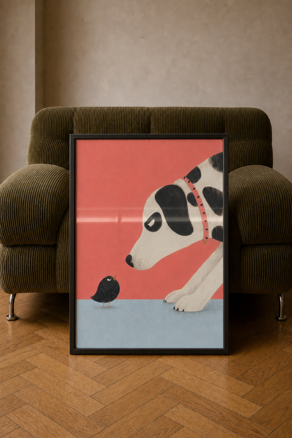 Le chien et l’oiseau — tirage d’art encadré posé contre un fauteuil