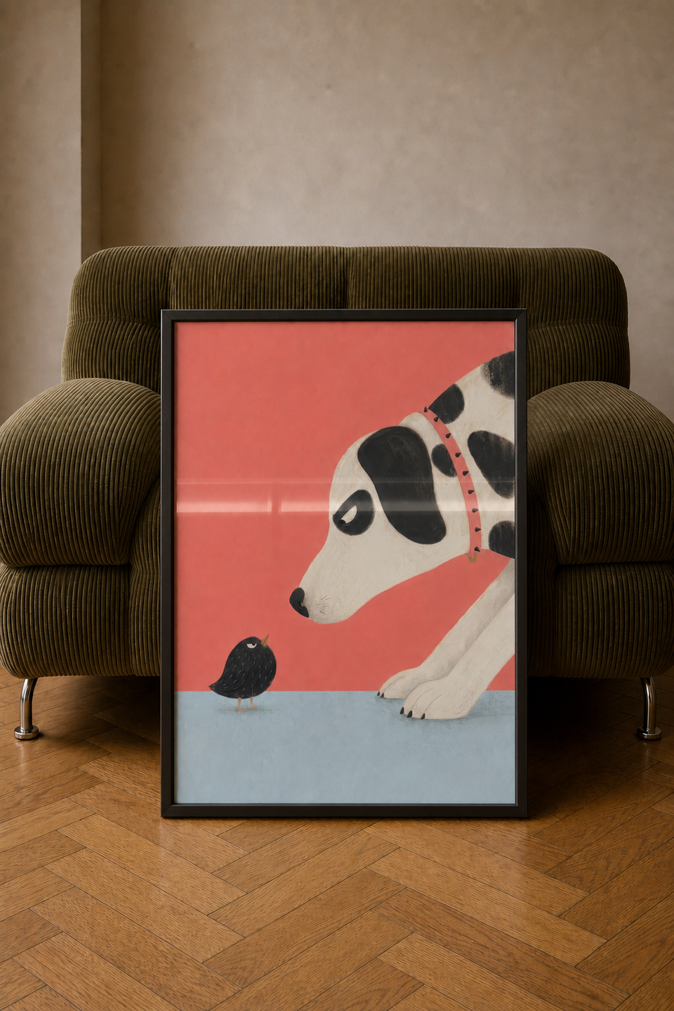 Dog and Bird framed art print leaning against an armchair