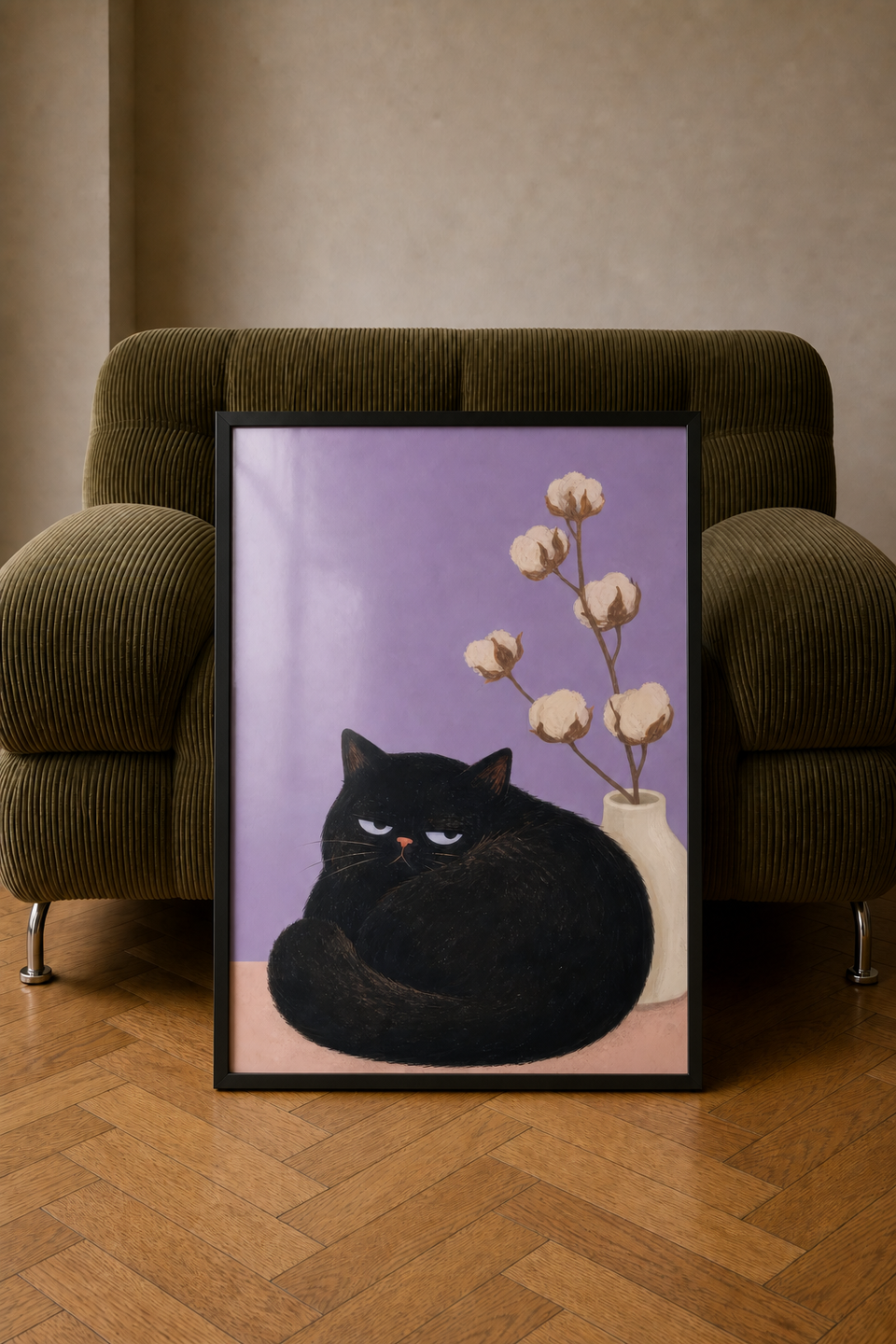 Framed Still Life art print leaning against an olive-green corduroy armchair on a wooden floor