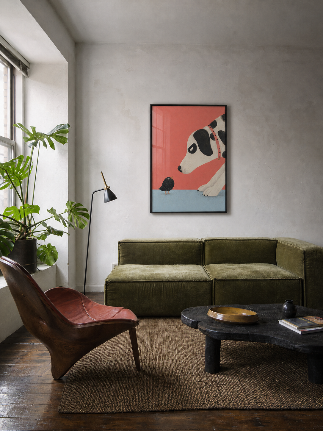 Le chien et l’oiseau — tirage d’art encadré présenté dans un salon