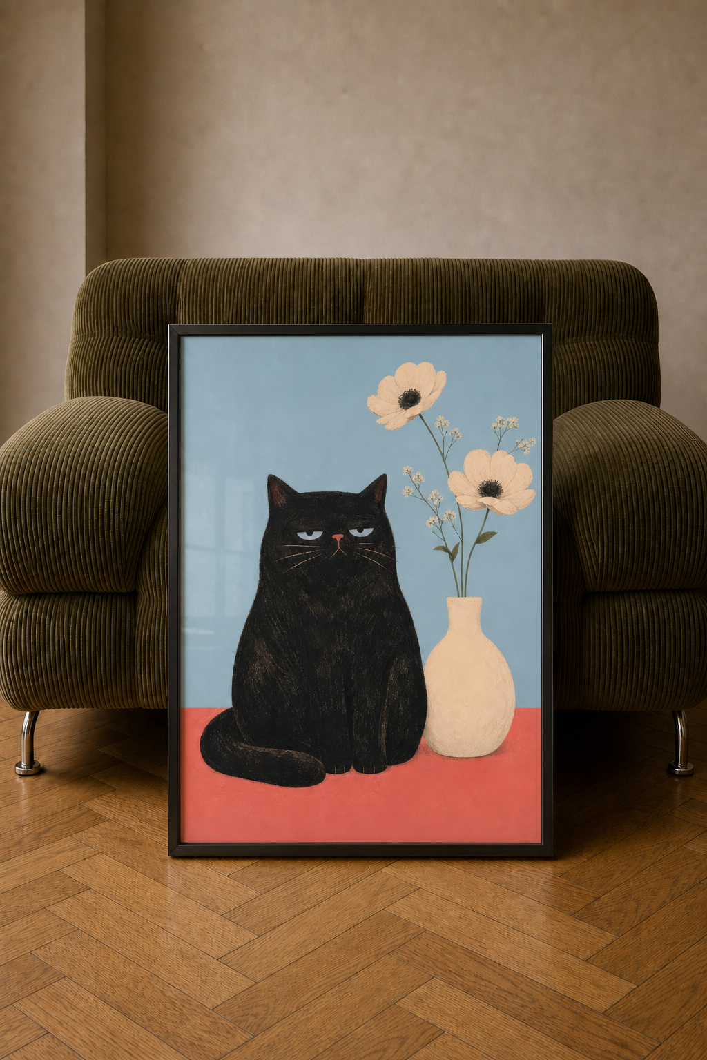 Le tirage encadré Les Fleurs posé contre un fauteuil