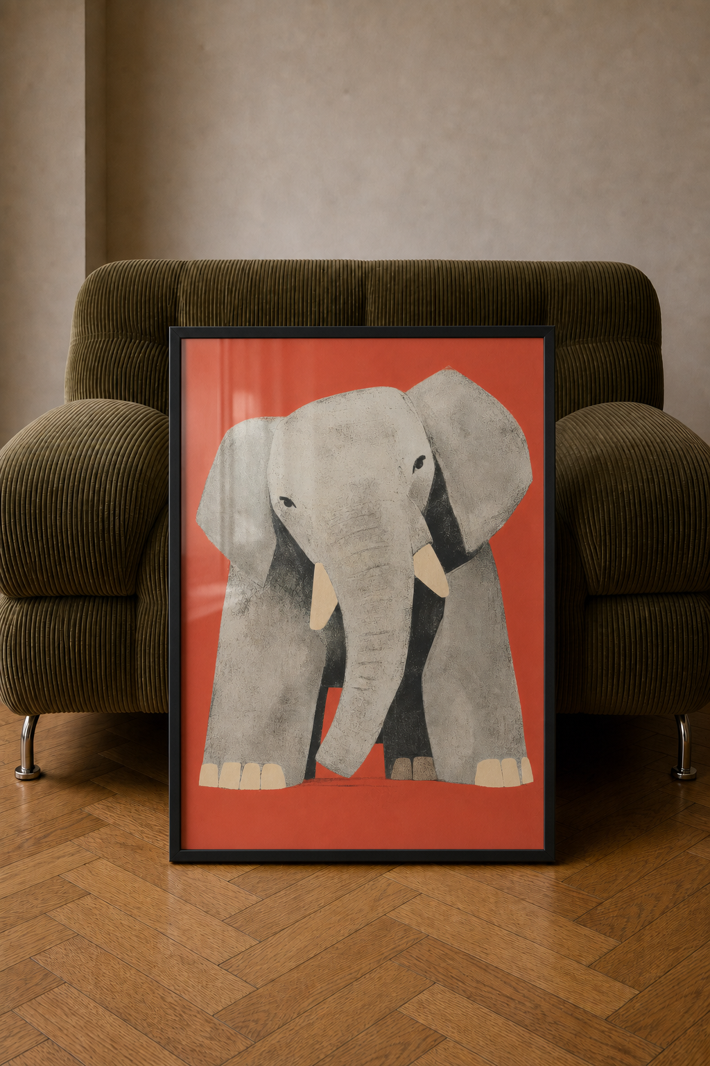 Éléphant — tirage d’art encadré posé contre un fauteuil