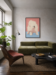 Efter regnen — indrammet kunsttryk vist i en stue