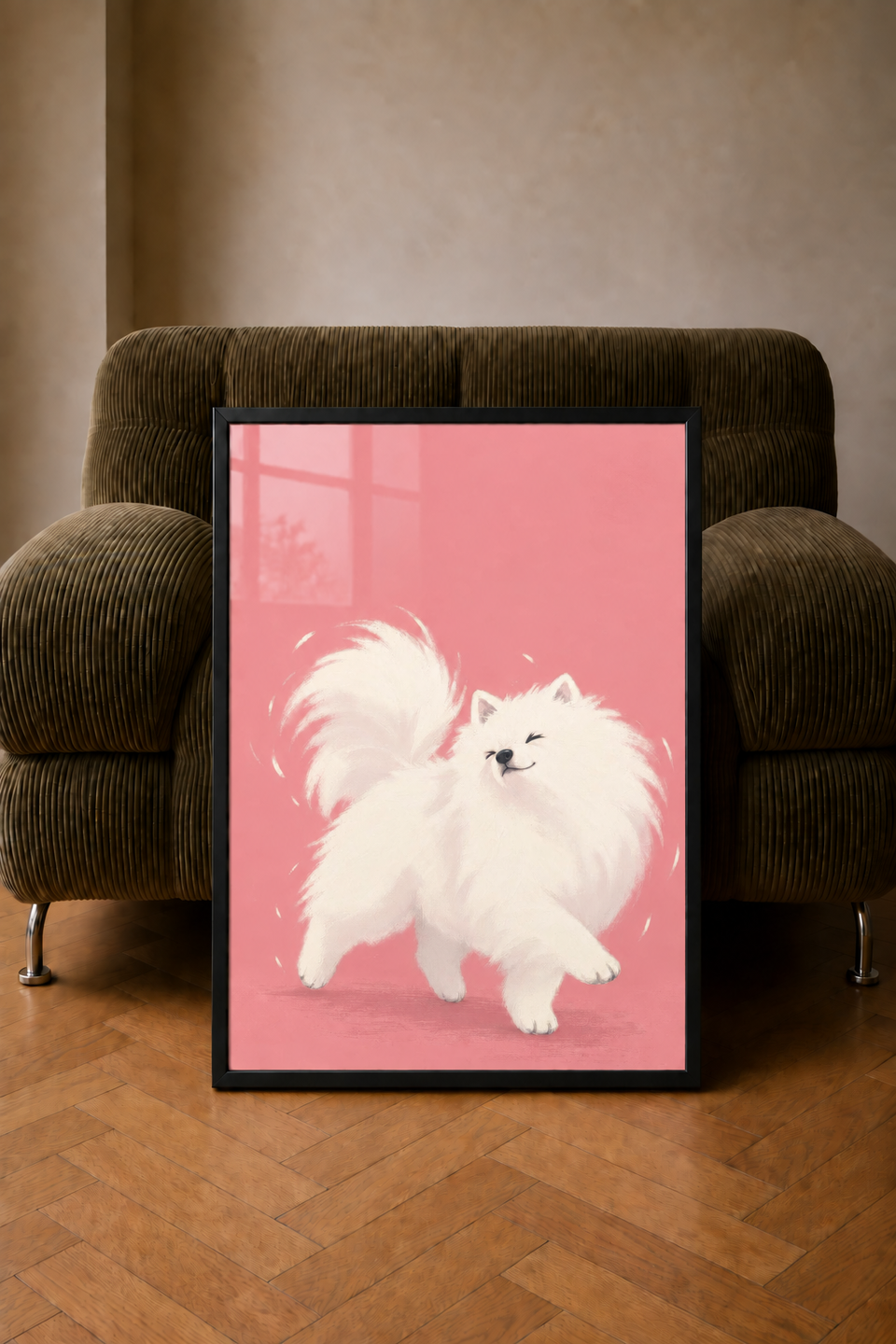 Parade art print of a fluffy white dog prancing on pink, shown in a black metal frame
