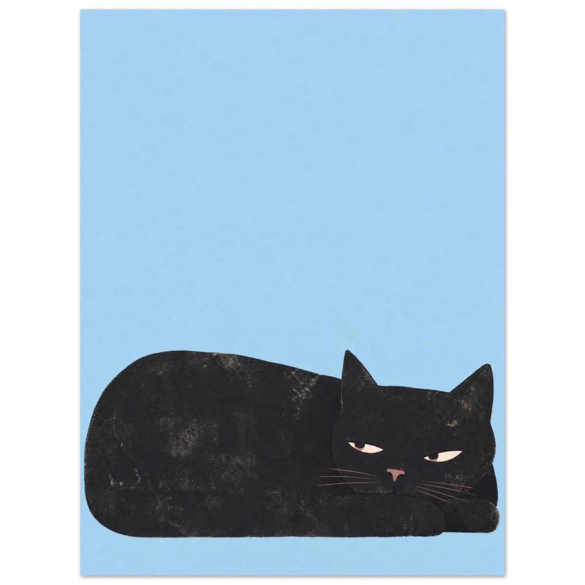 Schwarze Katze liegt mit dem Kopf auf einer Pfote vor sanftblauem Hintergrund — Kann das warten? von Sasha Liley