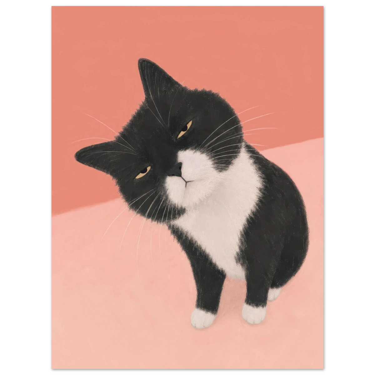 Schwarz-weiße Katze mit schief gelegtem Kopf und skeptischem Blick vor korallrosa Hintergrund — Hm, wie bitte? von Sasha Liley