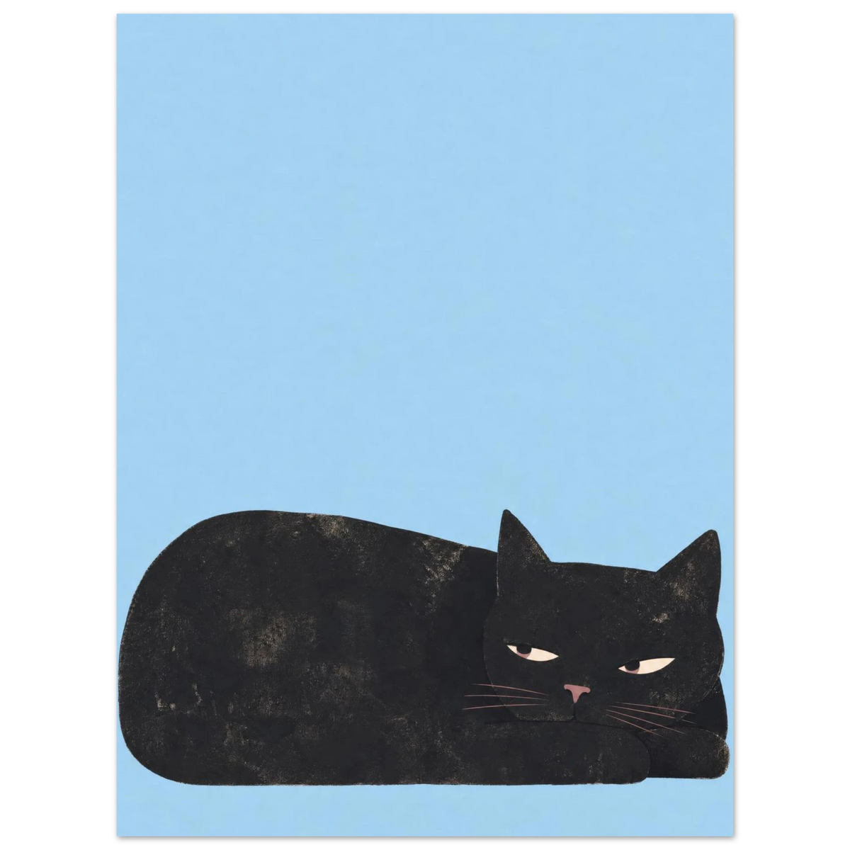 Schwarze Katze liegt mit dem Kopf auf einer Pfote vor sanftblauem Hintergrund — Kann das warten? von Sasha Liley