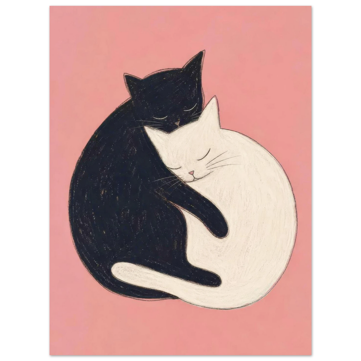Black and white cats curled together in an embrace against a pink background — Yin & Yang by Sasha Liley