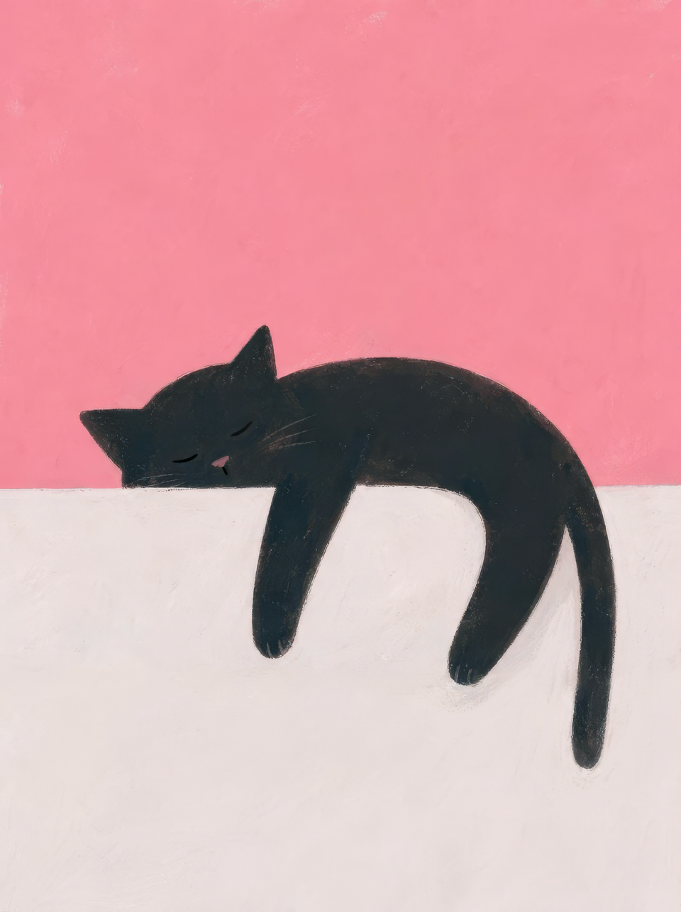 Schlafende schwarze Katze mit Pfoten und Schwanz über einem cremefarbenen Rand vor korallrosa Hintergrund