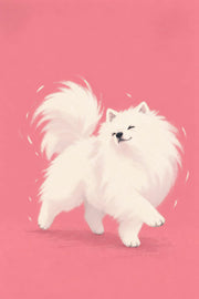 Fluffy white dog prancing with its tail raised on a pink background — Parade, by Sasha Liley
