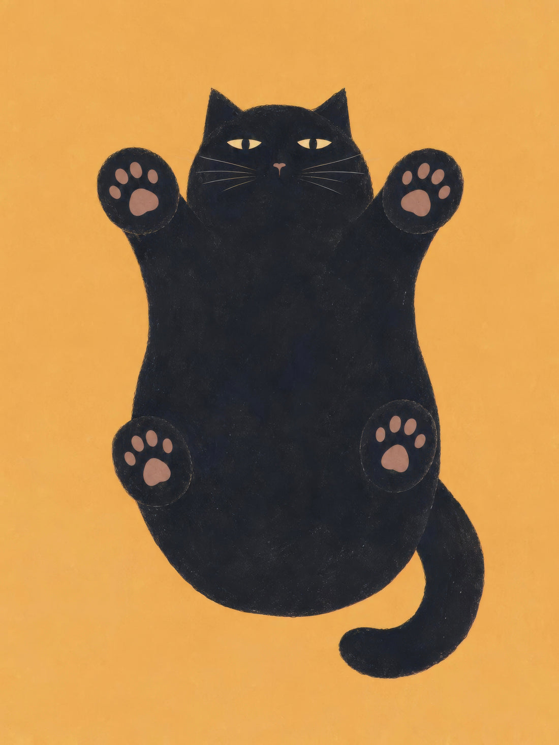 Gatto nero con quattro zampe in vista e coda ricurva su uno sfondo arancione caldo — Un po’ di coccole? di Sasha Liley