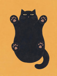 Gatto nero con quattro zampe in vista e coda ricurva su uno sfondo arancione caldo — Un po’ di coccole? di Sasha Liley