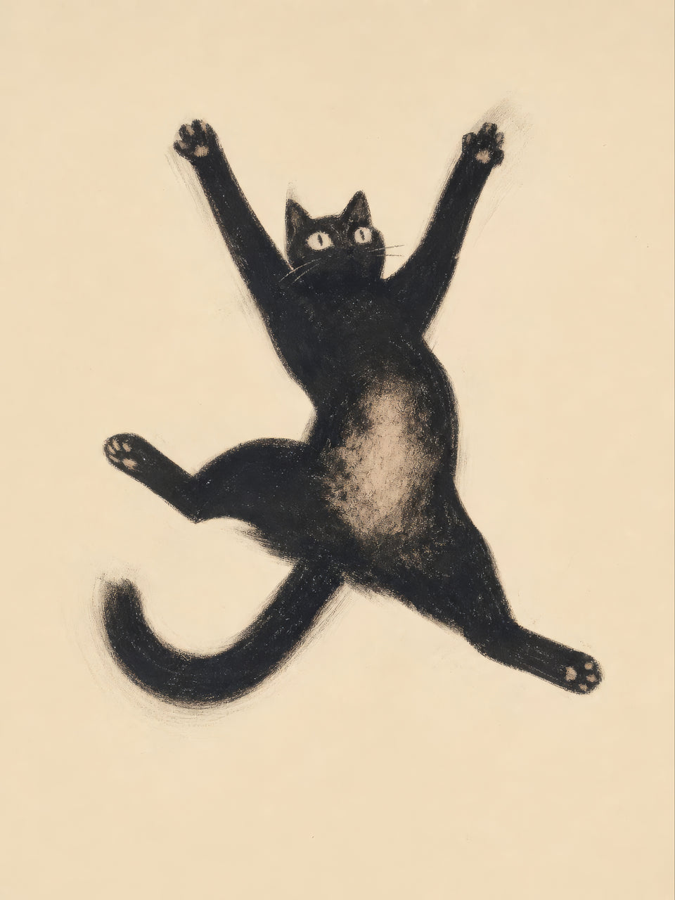 Gatto nero dagli occhi spalancati sospeso in aria, con tutte e quattro le zampe aperte su uno sfondo crema caldo — Sto cadendo!