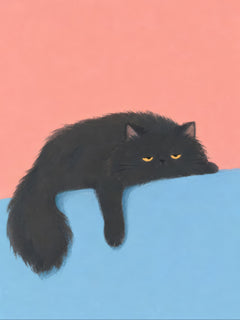 Flauschige schwarze Katze mit halb geschlossenen gelben Augen auf einer blauen Kante, eine Pfote und der Schwanz hängen herab, vor pfirsichfarbenem Hintergrund.