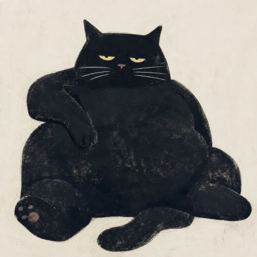 Stor svart katt med halvslutna gula ögon, som sitter hopsjunken med rund mage och tassarna framåt mot en beige bakgrund.