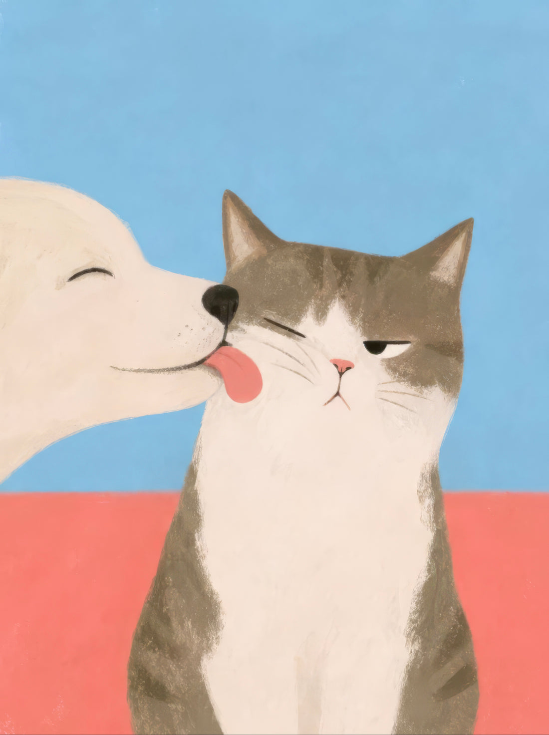 White dog licking the cheek of an unimpressed grey-and-white cat against a blue and coral background — Love Language by Sasha Liley