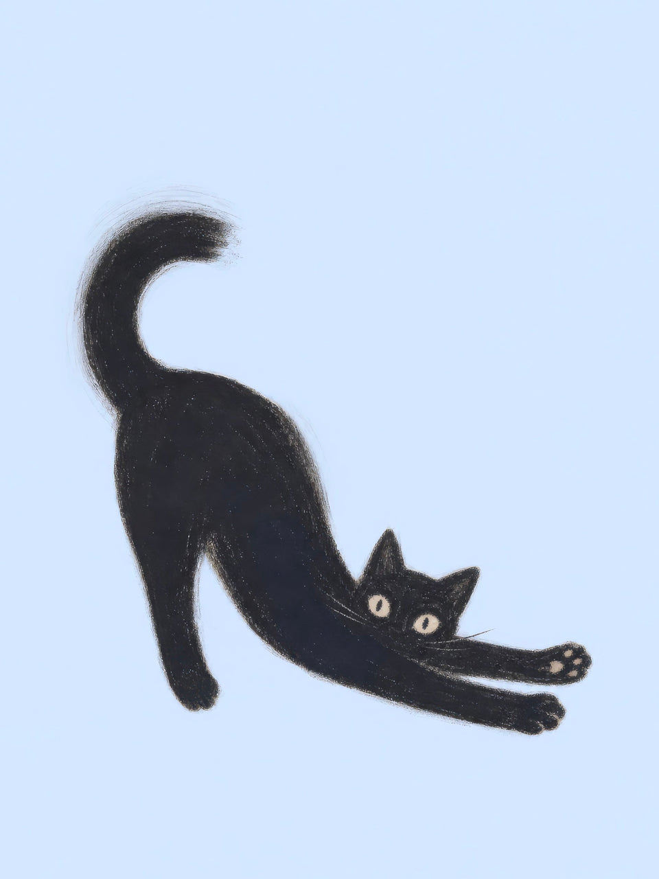 Wide-eyed black cat in a deep forward stretch with its tail curled high against a pale blue background — Big Stretch by Sasha Liley
