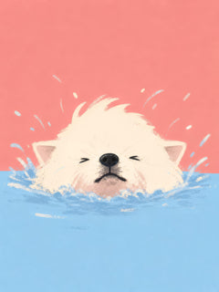 Small fluffy white dog struggling to paddle through blue water with splashes against a coral background — The Deep End by Sasha Liley