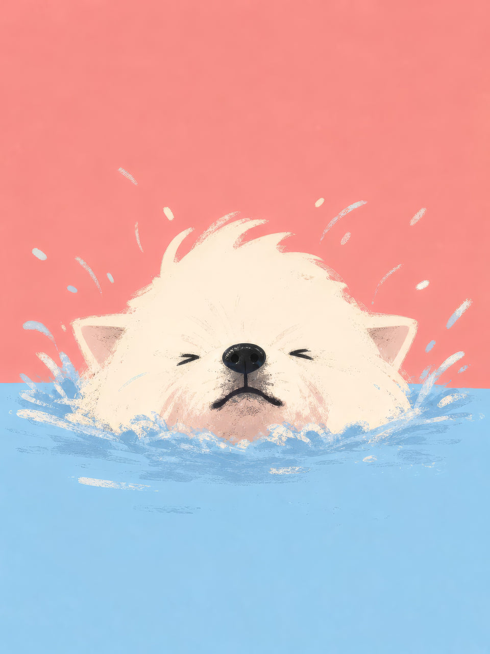 Small fluffy white dog struggling to paddle through blue water with splashes against a coral background — The Deep End by Sasha Liley