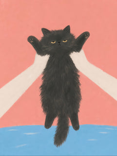 Unimpressed black cat held under its front legs above blue water by two human hands against a coral background — Absolutely Not by Sasha Liley