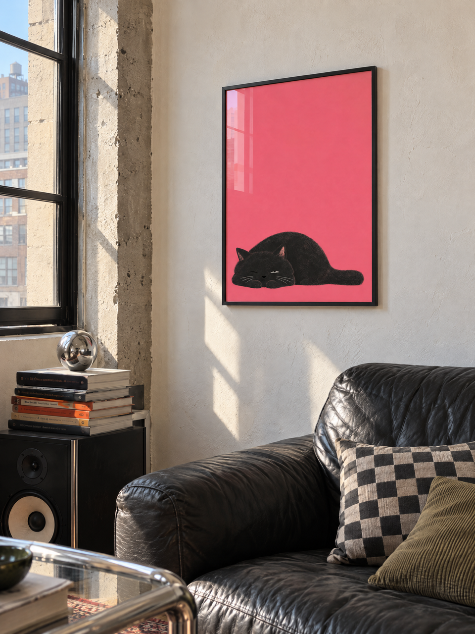 You Asleep? black cat art print in a black frame above a black leather sofa in a sunlit living room