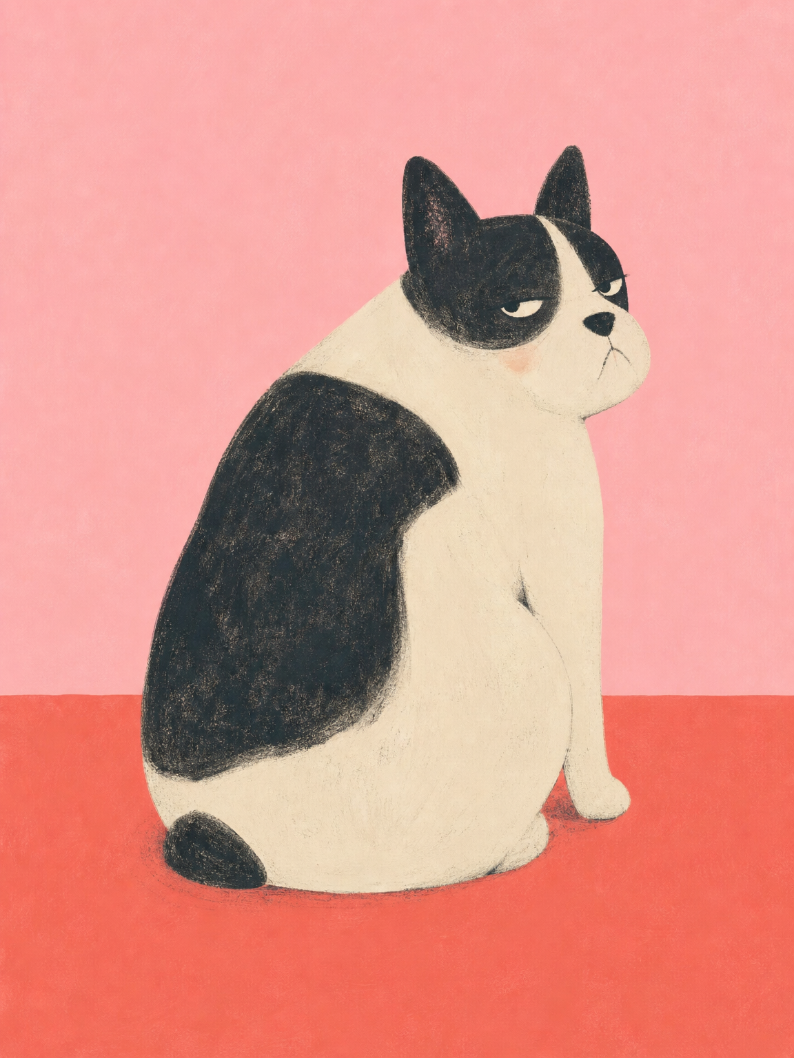 Chien noir et blanc assis sur un fond rose et regardant par-dessus son épaule — Pardon ?, par Sasha Liley