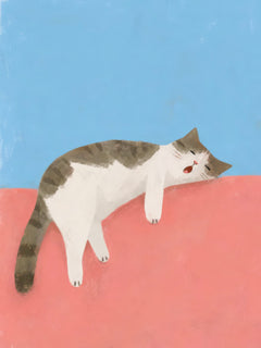 Grey-and-white tabby cat sprawled across a coral sofa against a blue background — Long Day by Sasha Liley