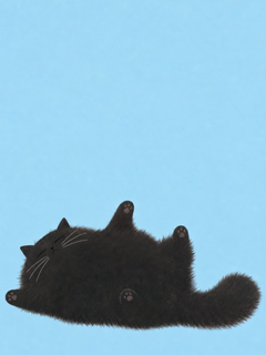 Fluffy black cat sleeping on its back with its paws in the air against a soft blue background — Do Not Disturb by Sasha Liley