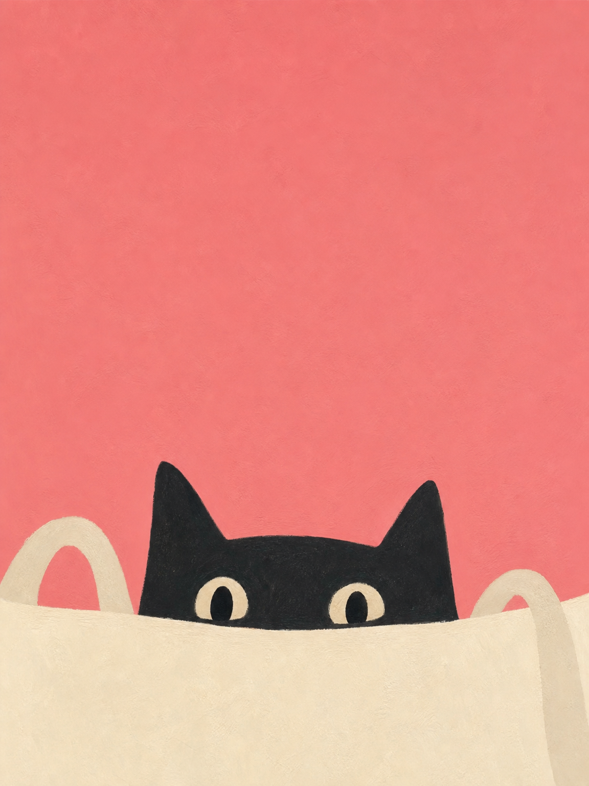 Chat noir regardant par-dessus un sac de courses crème sur un fond rose corail — Je regarde, c’est tout, par Sasha Liley
