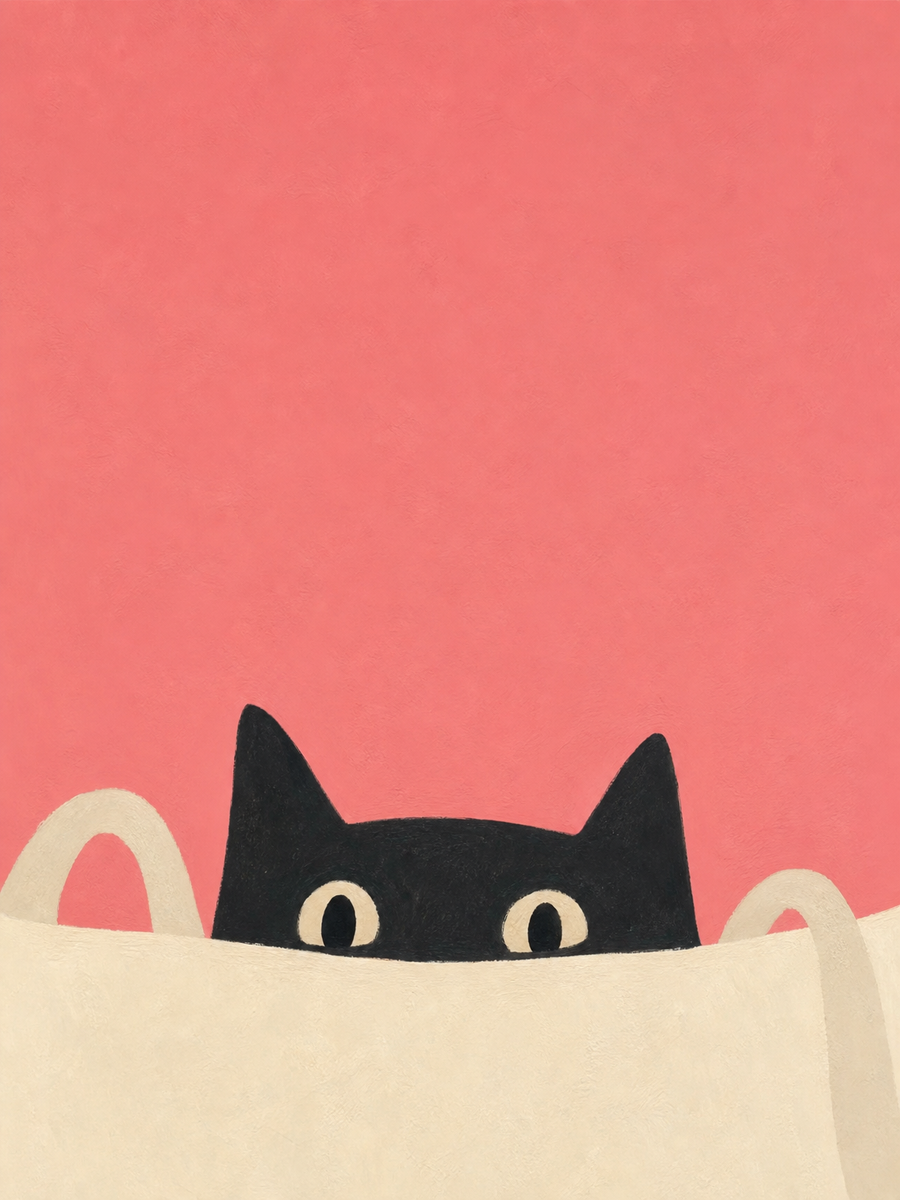 Gatto nero che guarda oltre il bordo di una borsa color crema su uno sfondo rosa corallo — Stavo solo guardando di Sasha Liley