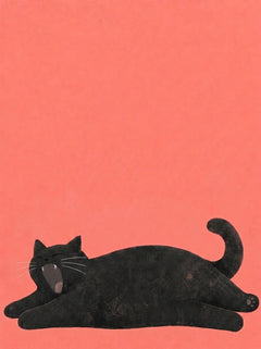 Black cat stretching and yawning against a coral-red background — Five More Minutes by Sasha Liley